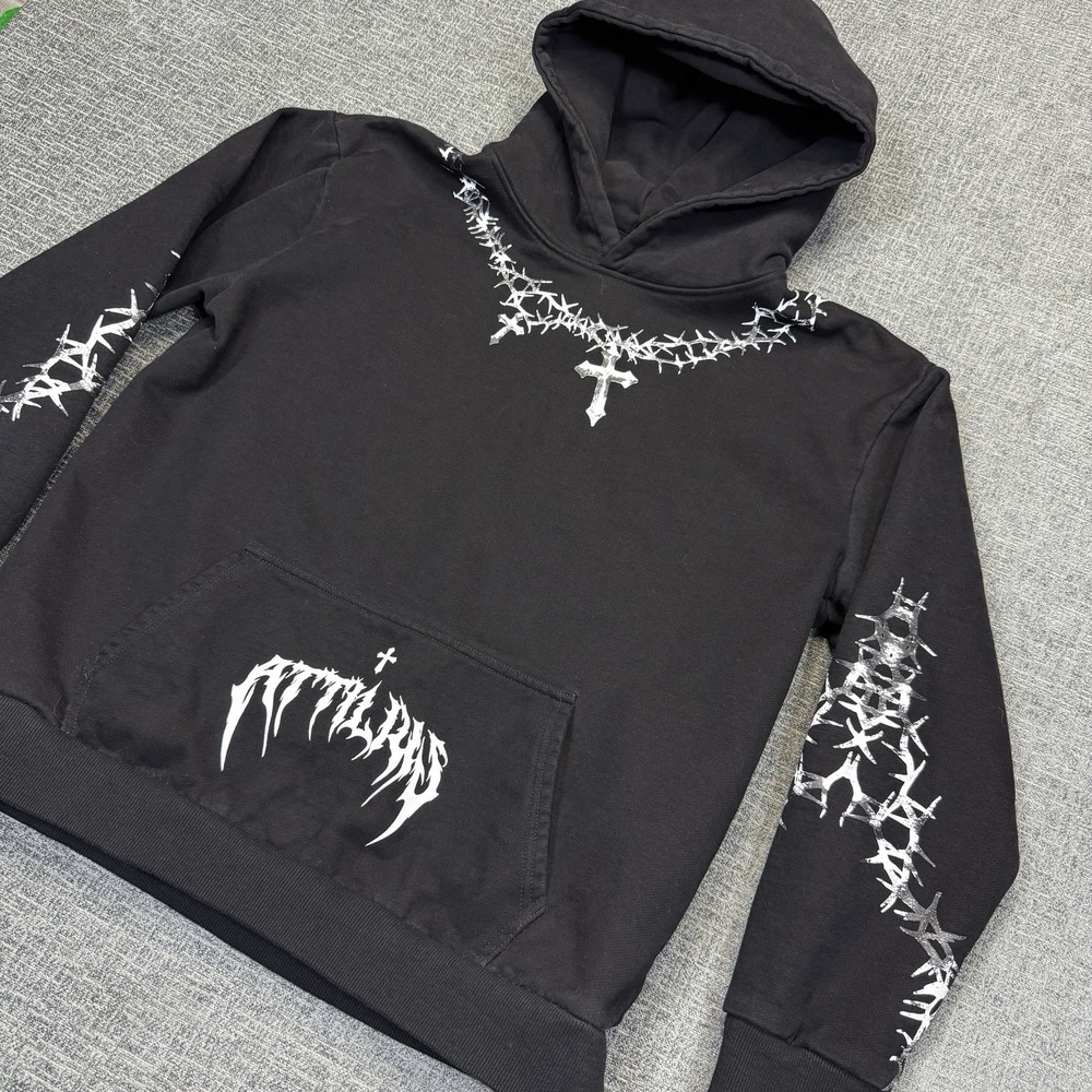 Attila's Band Hoodie Mens Large Black Gothic Cross Barbed Wire Grunge Pullover